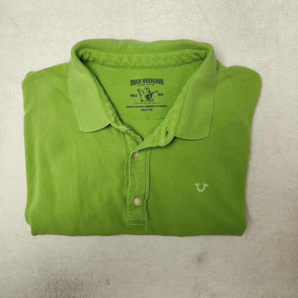 True Religion‎ Polo Shirt Mens 2XL Green Pique Cotton Short Sleeve Collared Logo
